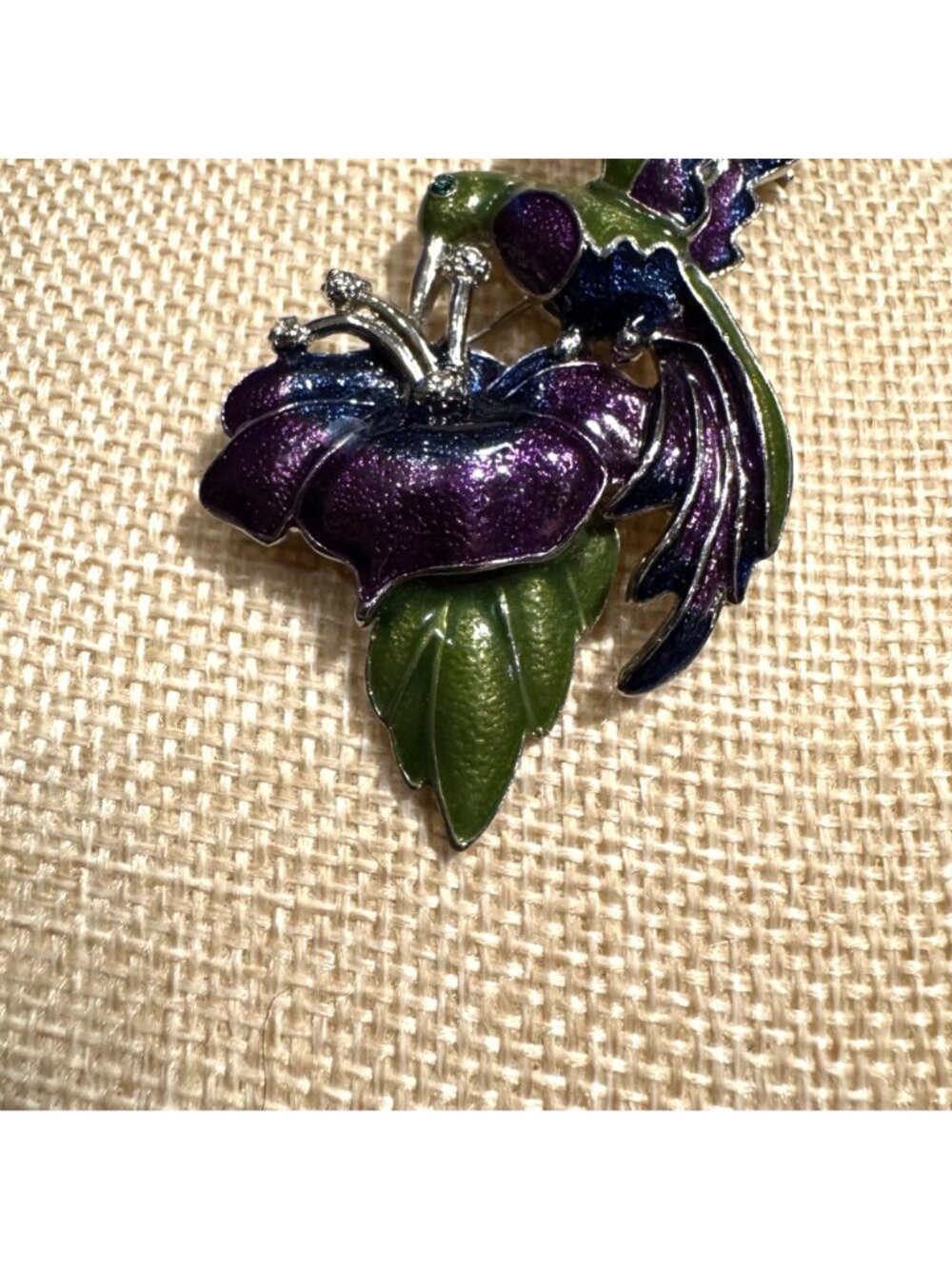 Vintage Hummingbird Brooch Green & Purple Enamel Floral Design 3 Inches - Picture 2 of 7